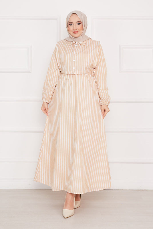 Robe Hijab Rayée Boléro Beige