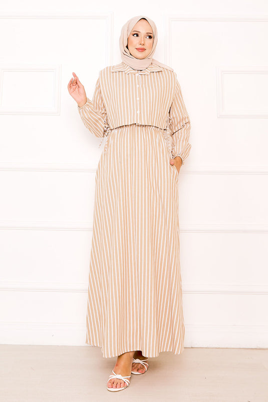 Beige Striped Hijab Dress with Bolero