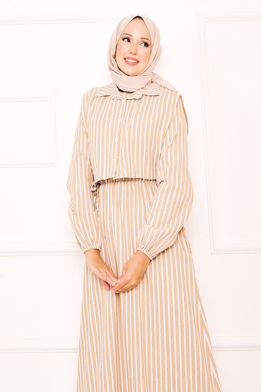 Beige Striped Hijab Dress with Bolero