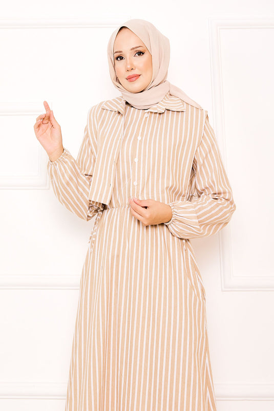 Beige Striped Hijab Dress with Bolero