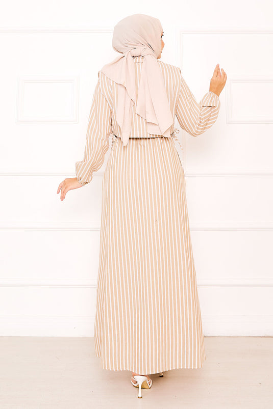 Beige Striped Hijab Dress with Bolero