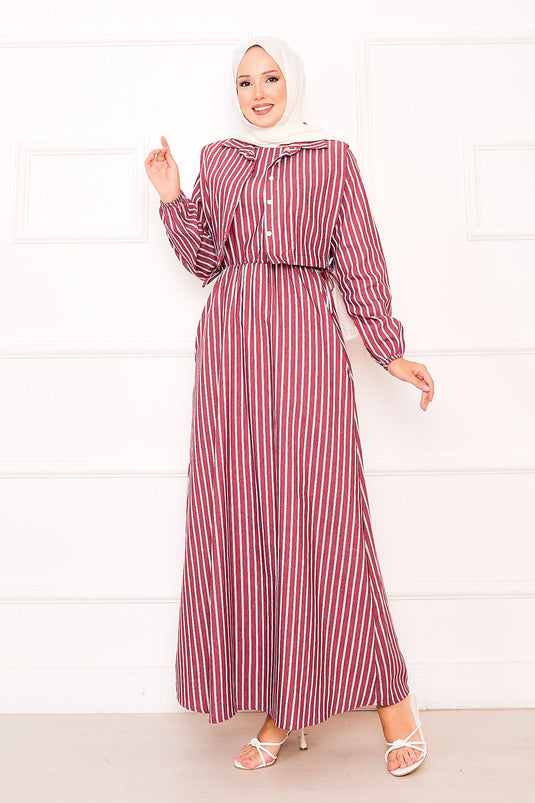 Burgundy Striped Hijab Dress with Bolero