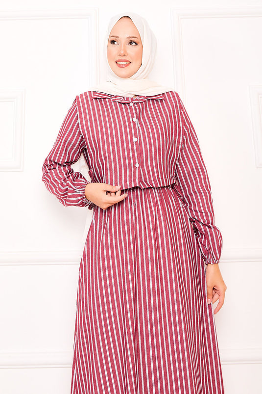 Burgundy Striped Hijab Dress with Bolero