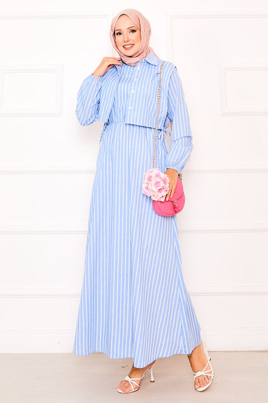 Indigo Striped Hijab Dress with Bolero