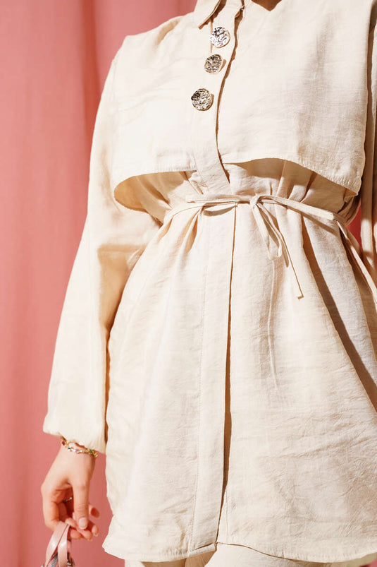 Bolero Gold Buttoned Two Piece Suit Beige