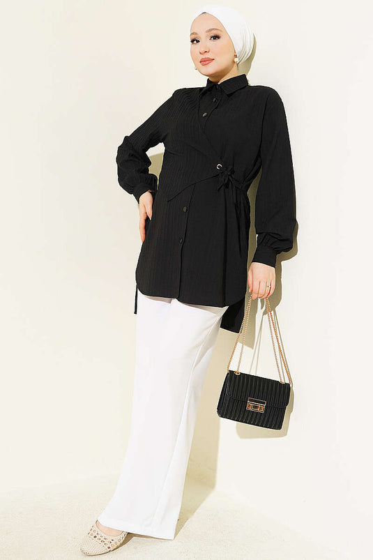 Zwarte Blouse Met Binddetail En Bolero-Achtige Stijl