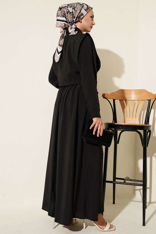 Elastische taillejurk met bolero en zwart