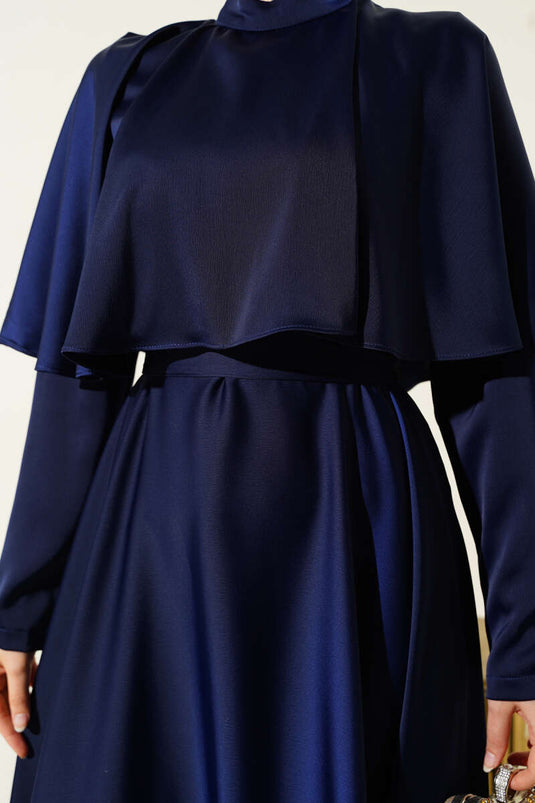 Satin Evening Dress with Boleron, Navy Blue
