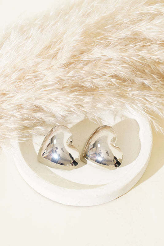 Boucles d'oreilles en forme de grand cœur bombé argentées