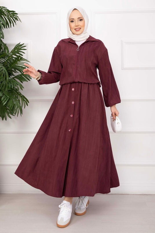 Bomber Ceket & Düğmeli Etek Takım Bordo
