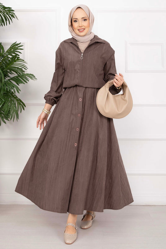 Bomber Jacket & Buttoned Skirt Set Brown