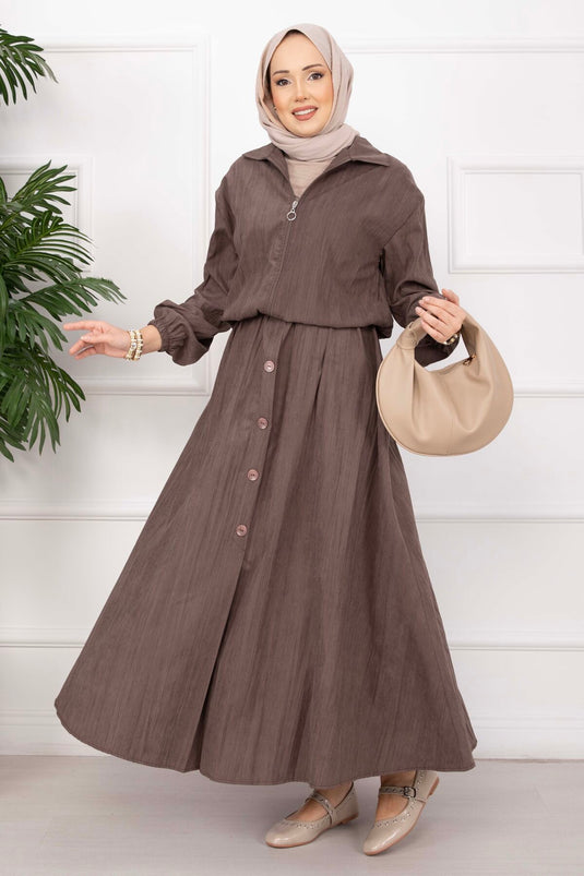 Bomber Jacket & Buttoned Skirt Set Brown