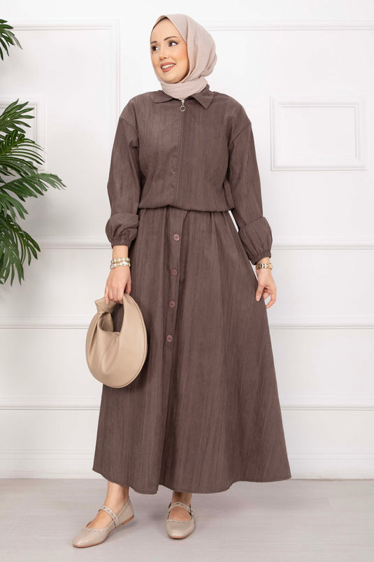 Bomber Jacket & Buttoned Skirt Set Brown
