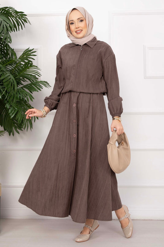 Bomber Jacket & Buttoned Skirt Set Brown