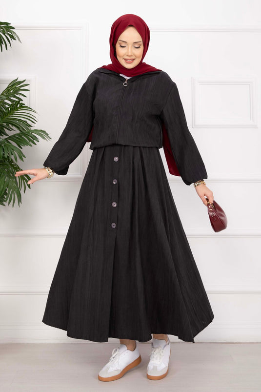 Bomber Jacket & Buttoned Skirt Set Black