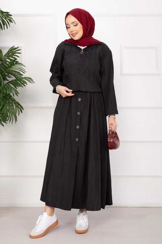 Bomber Jacket & Buttoned Skirt Set Black