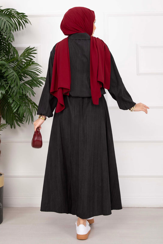 Bomber Jacket & Buttoned Skirt Set Black