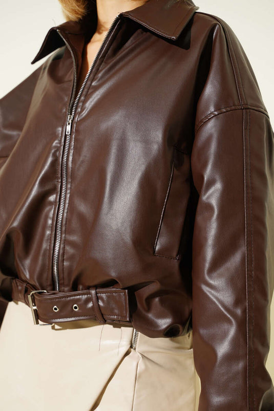 Bomber Jacket with Belt Detail, Brown
