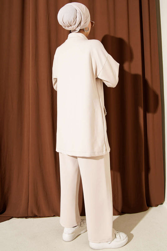 طقم غوص من قطعتين مزين بالخرز، بيج