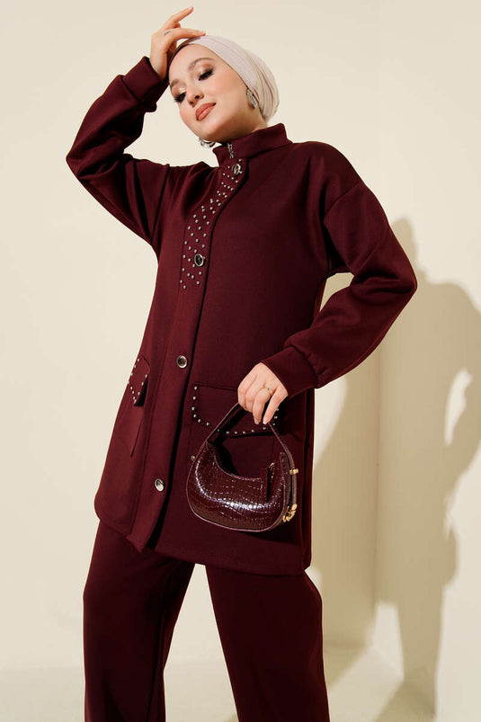 طقم غوص من قطعتين مزين بالخرز باللون العنابي