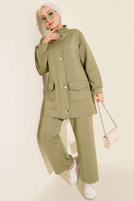 طقم غوص من قطعتين مزين بالخرز، أخضر فاتح