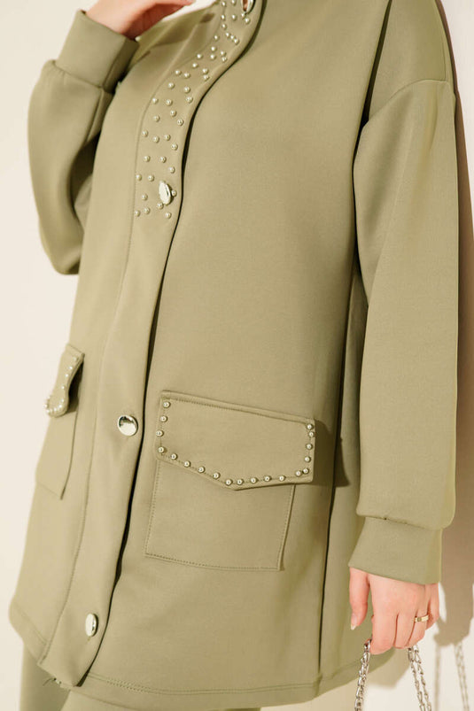 Boncuk Detaylı Scuba İkili Takım Çağla Yeşili