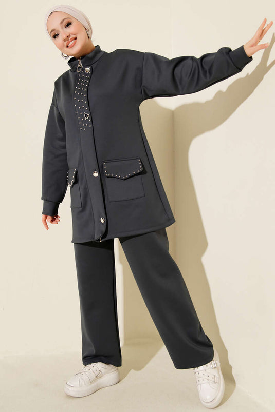 Boncuk Detaylı Scuba İkili Takım Füme