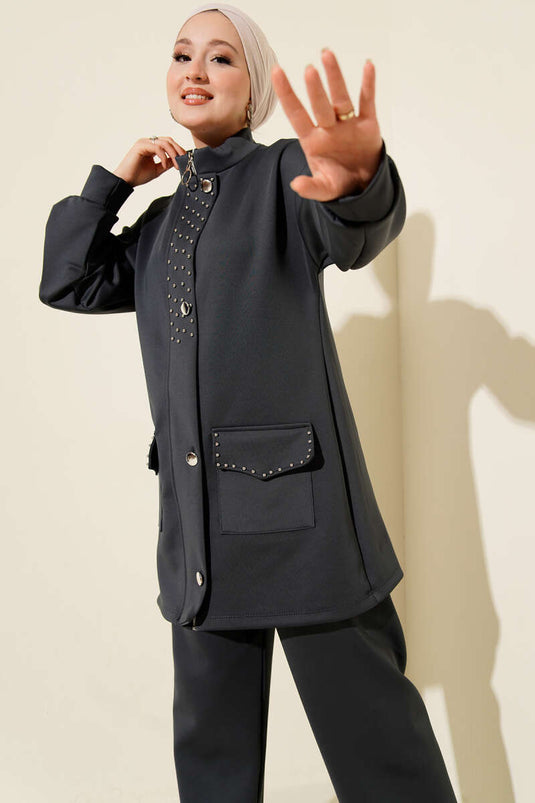 طقم غوص من قطعتين بتفاصيل مطرزة، لون دخاني