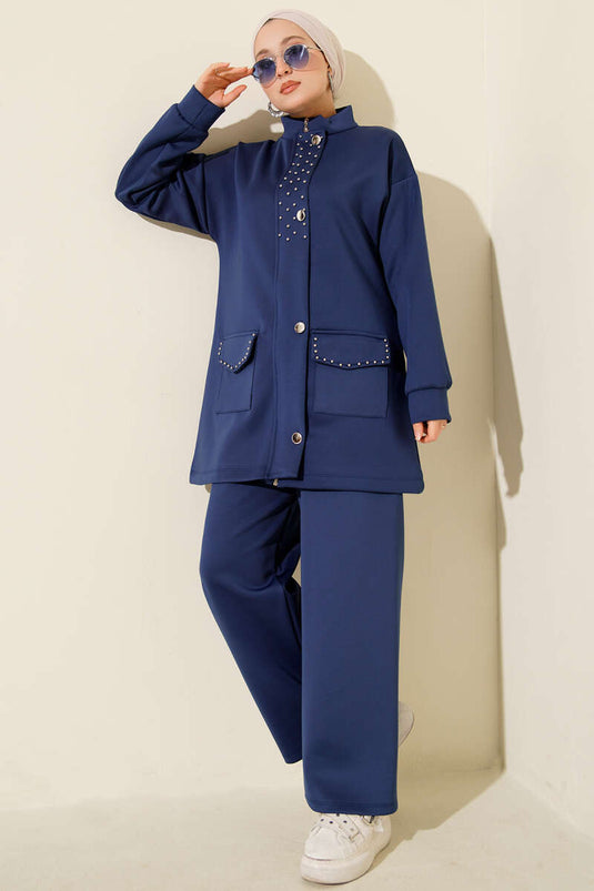 طقم غوص من قطعتين مزين بالخرز، أزرق داكن