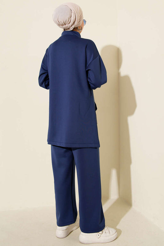 طقم غوص من قطعتين مزين بالخرز، أزرق داكن