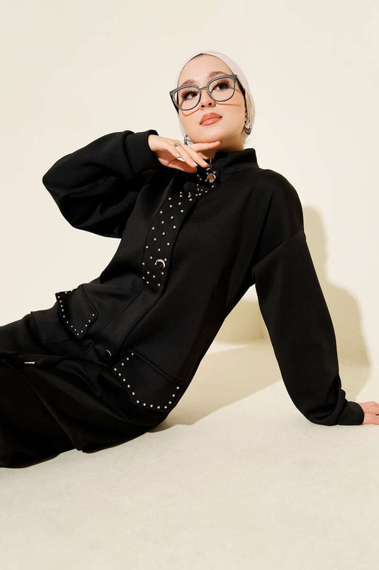 Boncuk Detaylı Scuba İkili Takım Siyah