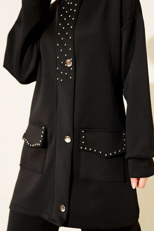 Boncuk Detaylı Scuba İkili Takım Siyah