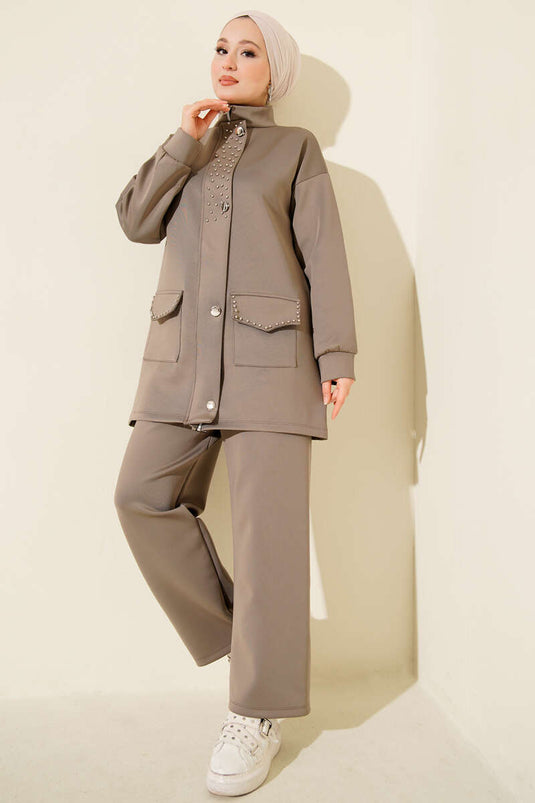 Boncuk Detaylı Scuba İkili Takım Vizon