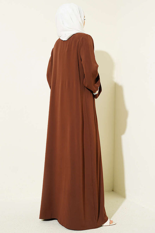 Boncuk İşlemeli Kuşaklı Abaya Kahve