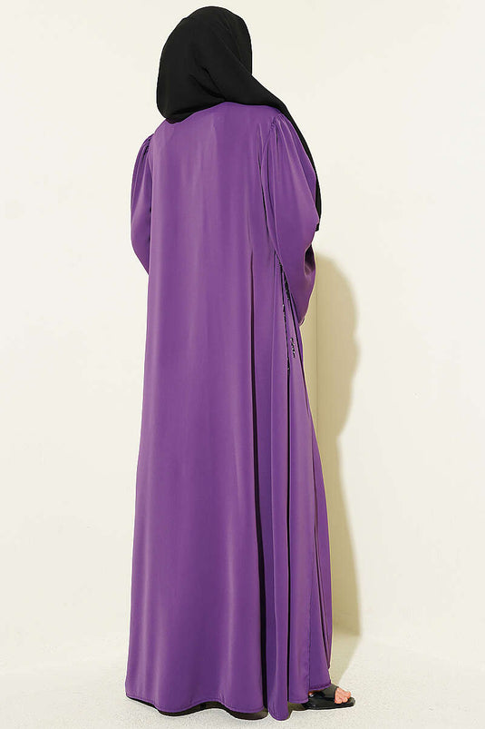 Boncuk İşlemeli Kuşaklı Abaya Lavanta