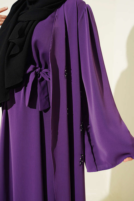 Boncuk İşlemeli Kuşaklı Abaya Lavanta