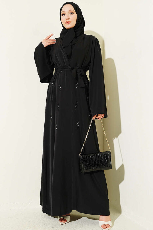 Boncuk İşlemeli Kuşaklı Abaya Siyah