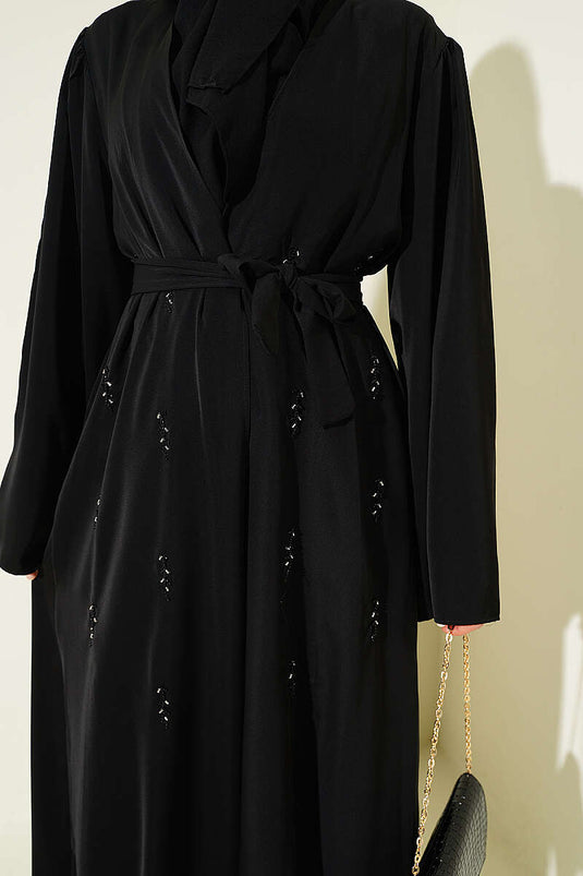 Boncuk İşlemeli Kuşaklı Abaya Siyah