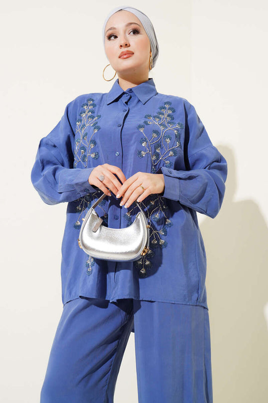 Boncuk İşlemeli Salaş İkili Takım İndigo