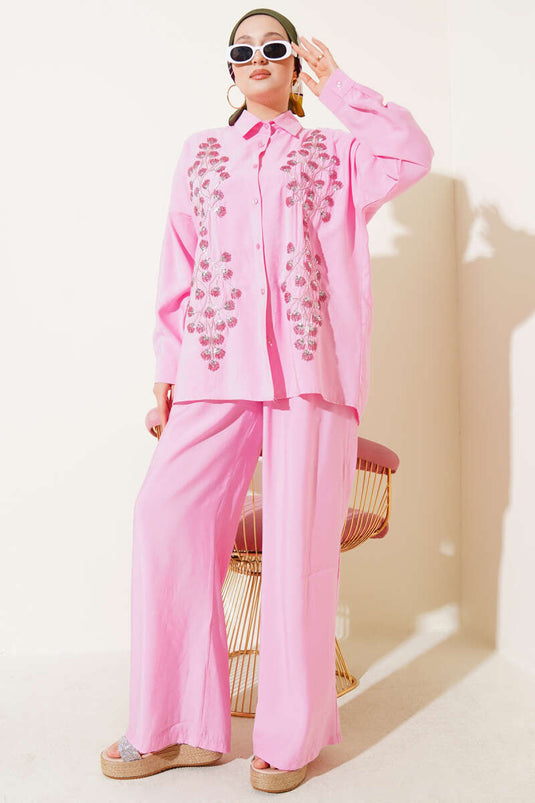 Beaded Embroidered Casual Two Piece Set Pink