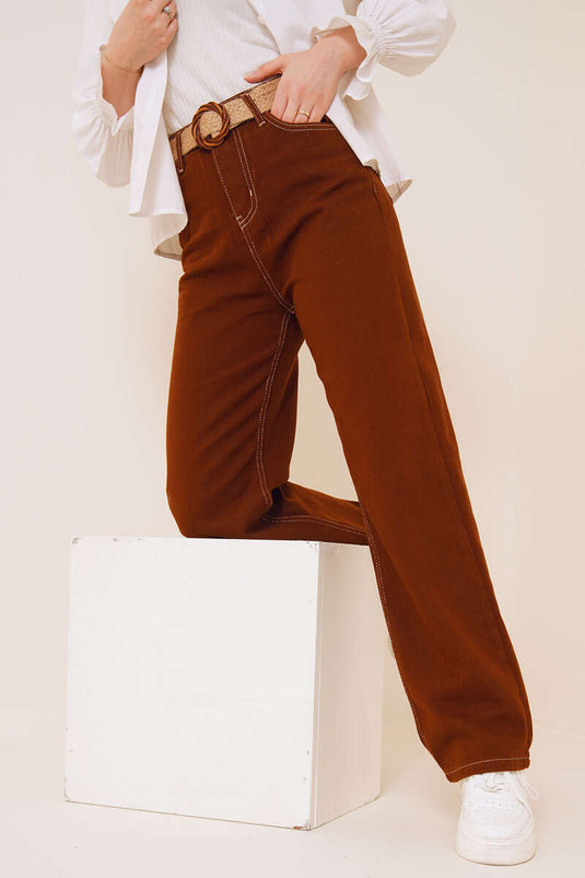 Pantalon Jean Tube Leg Marron Blanc