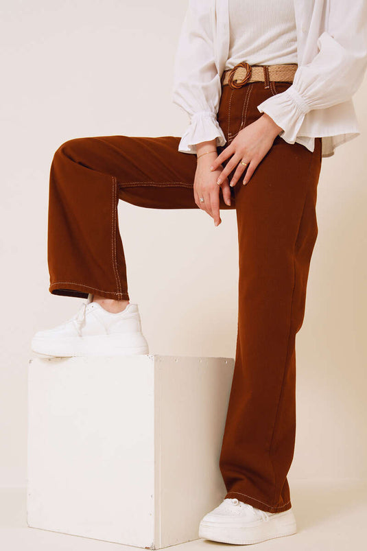 Pantalon Jean Tube Leg Marron Blanc