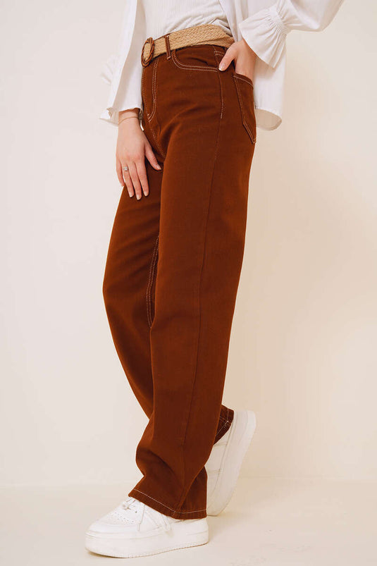 Pantalon Jean Tube Leg Marron Blanc