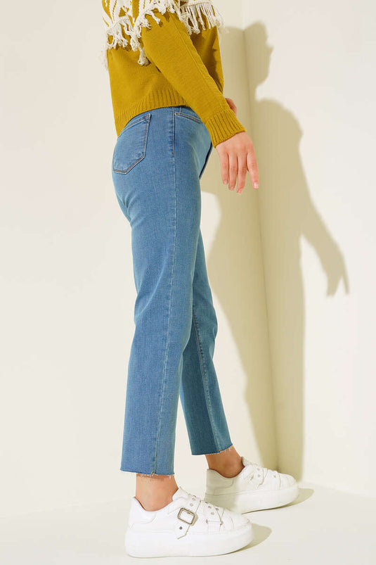 Boru Paça Sökük Jean Pantolon Açık Mavi