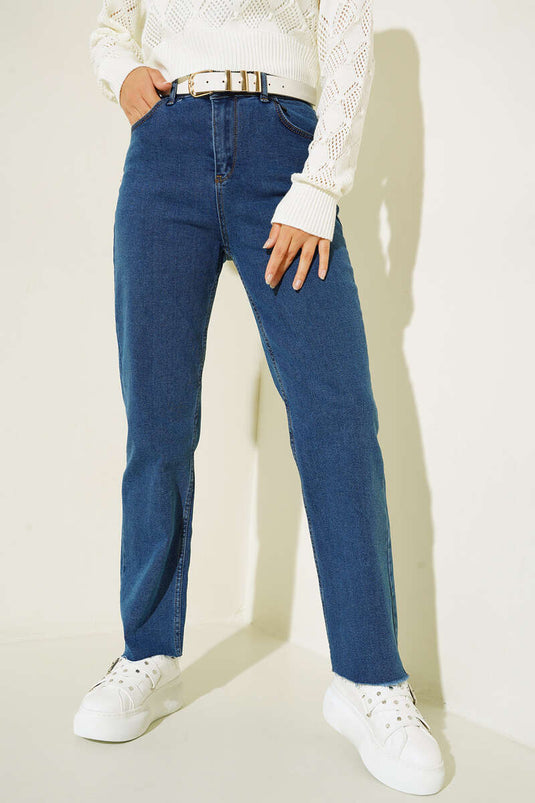 Pantalon Jean Déchiré À Jambe Tuyau Bleu Denim