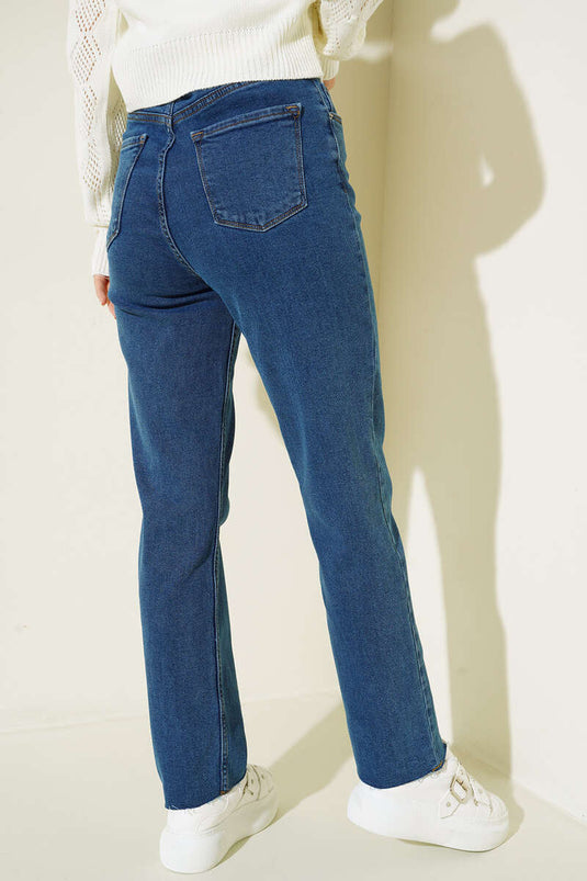 Pantalon Jean Déchiré À Jambe Tuyau Bleu Denim