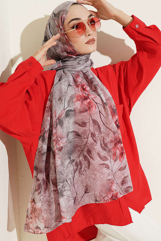 Botanical Floral Patterned Bamboo Shawl In Light Mink
