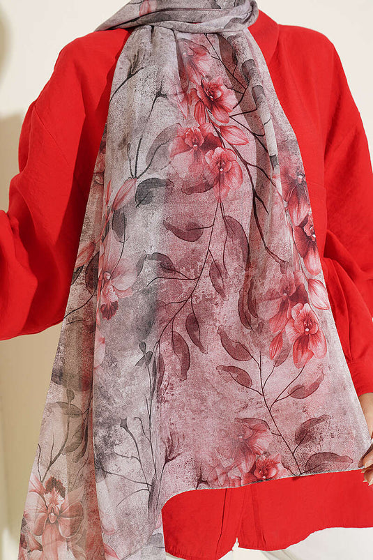 Botanical Floral Patterned Bamboo Shawl In Light Mink