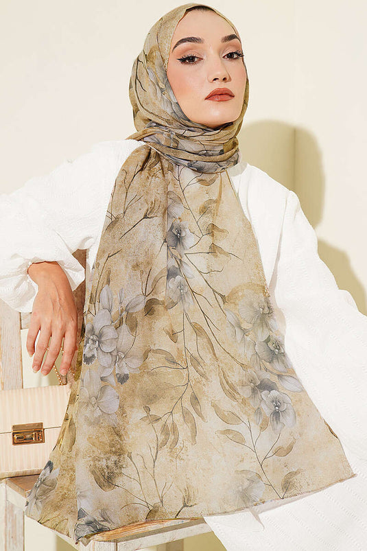 Botanical Floral Patterned Bamboo Shawl Beige