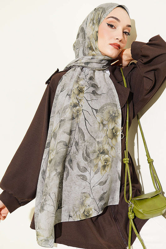 Botanical Floral Patterned Bamboo Shawl Navy